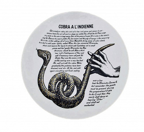 Piero Fornasetti Vintage Piero Fornasetti Porcelain Recipe Plate, Cobra A L'Indienne, made for the Fleming Joffe Company, 1960s $750