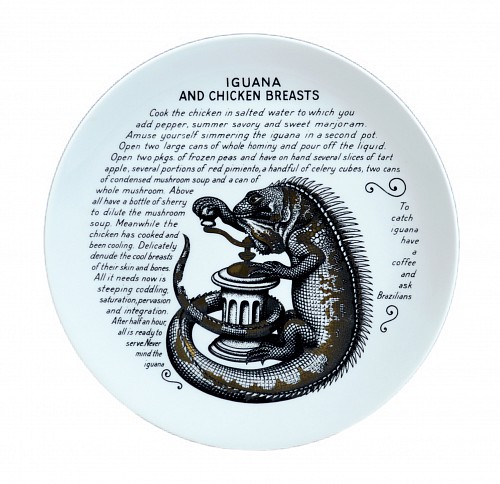 Inventory:  Piero Fornasetti, Piero Fornasetti Fleming Joffe Porcelain Recipe Plate- Iguana And Chicken Breasts, 1960s, $850