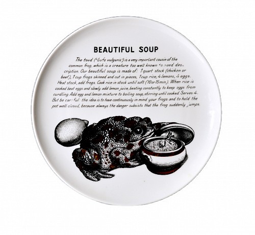 Inventory:  Piero Fornasetti, Piero Fornasetti Fleming Joffe Porcelain Recipe Plate- Beautiful Soup, 1960s, $850