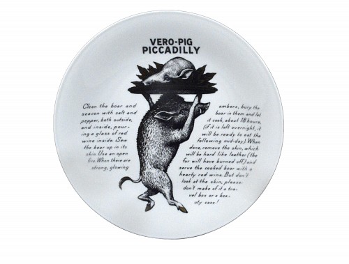 Inventory:  Piero Fornasetti, Piero Fornasetti Fleming Joffe Porcelain Recipe Plate, Vero-Pig Piccadilly, 1960s, $750