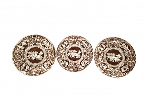 Inventory:  Spode Factory, Spode Neo-classical Greek Pattern Rare Black Dinner Plates, Zeus in His Chariot-
Set of Three, 1810, $1,200
