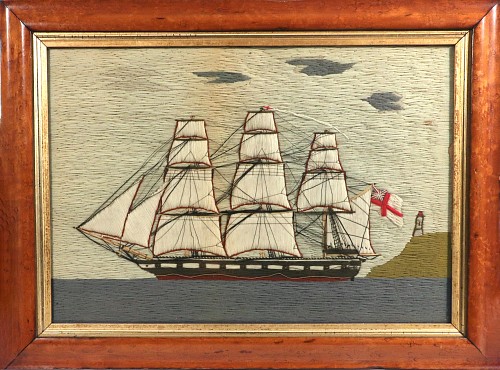 Sailor's Woolwork Nautical Folk Art: British Sailor's Woolwork of a Royal Navy Ship, 1870 $7,500