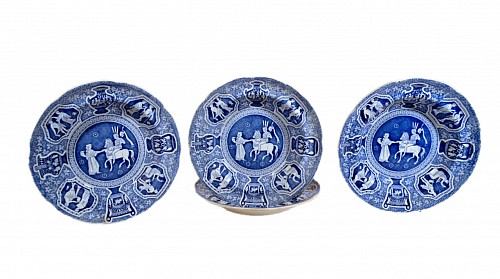 Spode Factory Copeland-Late Spode & Copeland & Garrett  Neo-classical Greek Pattern Blue Soup Plates- Refreshment for Phliasian Horseman (Set of Four), 1845 $1,600
