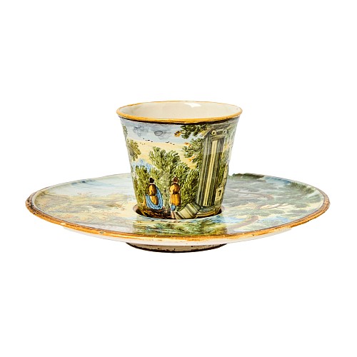 Italian Majolica Italian Majolica Trembleuse Cup & Saucer, Castelli, 18th Century $2,500