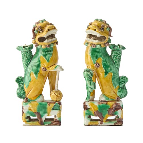 Chinese Porcelain Sancai Guardians: Pair of Chinese Kangxi Biscuit Porcelain Fu Lions, 1700-1710 $1,850