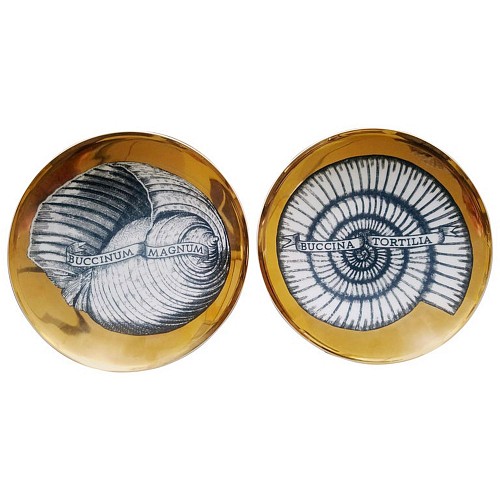 Inventory:  Piero Fornasetti, Piero Fornasetti Porcelain Gilt Seashell Porcelain Plates, Conchyliorum Pattern, Pair of Plates, 1950s, SOLD &bull;