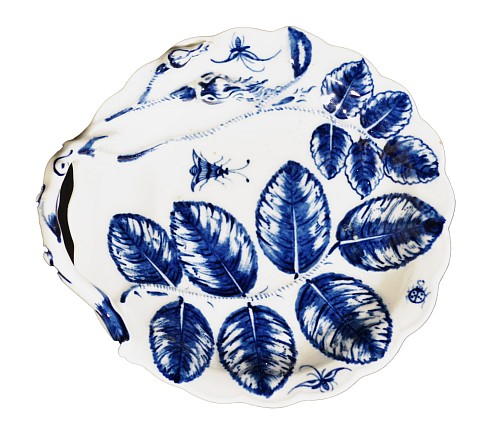 Inventory:  First Period Worcester Porcelain, First Period Worcester Porcelain Underglaze Blue Blind Earl Leaf Dish, Circa 1765-75, $2,800