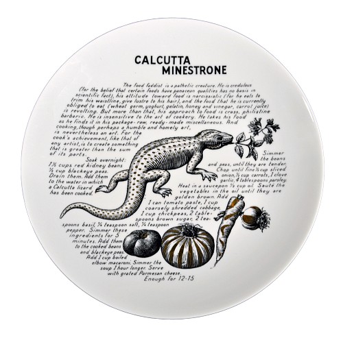 Inventory:  Piero Fornasetti, Piero Fornasetti Porcelain Cook Pattern Plate, Calcutta Minestrone, Made for Fleming Joffe, 1968-74, $500
