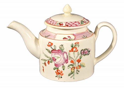 Inventory:  Creamware Pottery, Antique English Creamware Polychrome Teapot and Cover, Circa 1785-90, $900