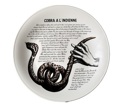 Inventory:  Piero Fornasetti, Piero Fornasetti Fleming Joffe Porcelain Recipe Plate- Cobra a L'Indienne, 1960s, $750