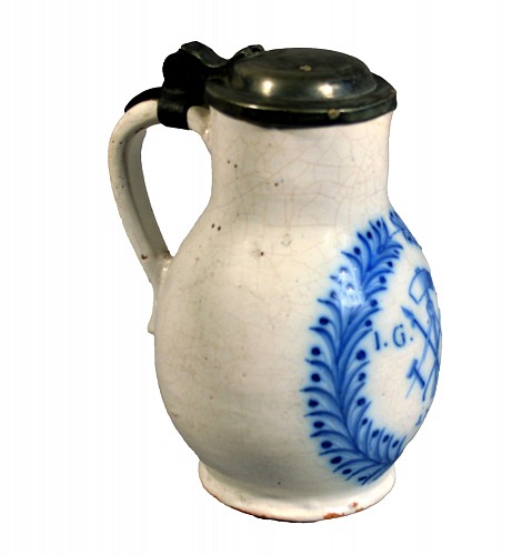 Inventory:  German Faience, German Blue & White Faience Jug with Pewter Cover, 18th Century, $650
