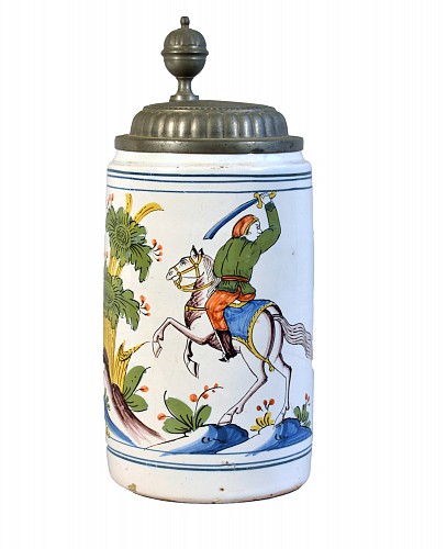 Inventory:  German Faience, German Faience (Tin-glazed Earthenware) Pewter-mounted Tankard, Probably Thuringia, Circa 1750, $500