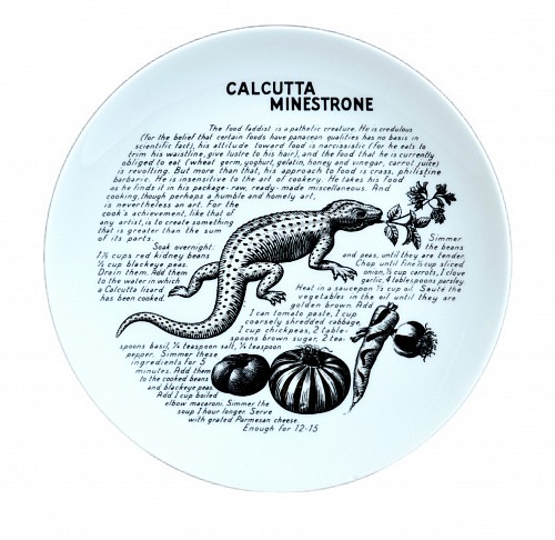 Inventory:  Piero Fornasetti, Piero Fornasetti Fleming Joffe Recipe Plate-Calcutta Minestone, 1960s, $850