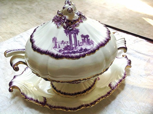 Inventory:  Creamware Pottery, Antique English Creamware Puce Feather-edged Sauce Tureen, Cover, Stand and Ladle, Neale & Co., Circa 1780-85, $2,500