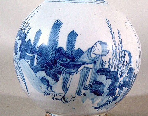 Inventory:  German Faience, 17th-century Frankfurt German Faience Blue & White Chinoiserie Bottle Vase, Circa 1680-90, $950