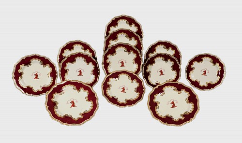 Inventory:  Flight & Barr Worcester, Flight, Barr & Barr Worcester Armorial Porcelain Claret-ground Dessert Plates- This service was commissioned by Sir William Heygate, 1822-23, $3,500