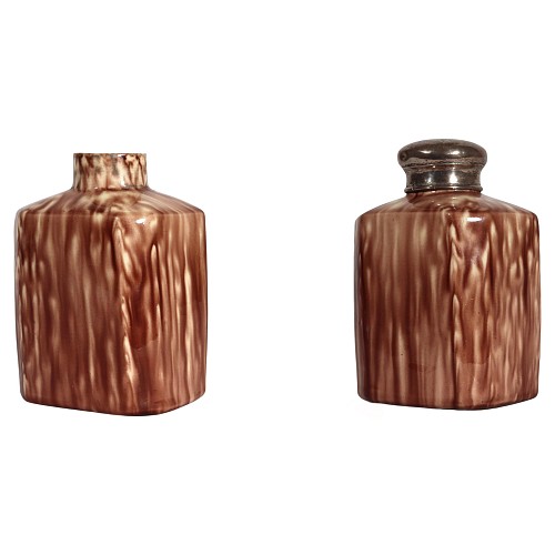 Inventory:  Creamware Pottery, 18th Century English Whieldon-type Creamware Tortoiseshell Glaze Tea Caddy with Paris Silver Cover, 1770, $1,500