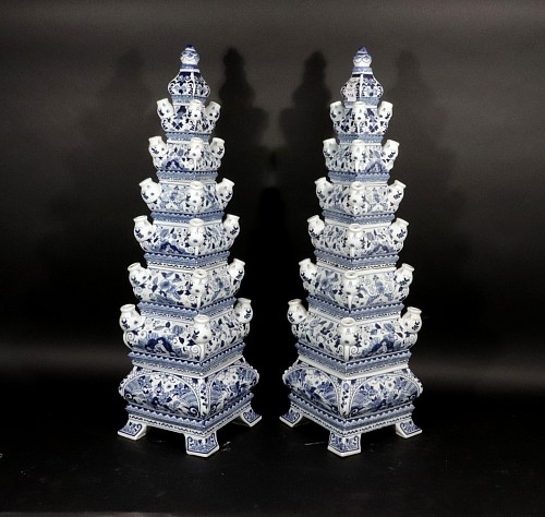 Inventory:  Chinese Export Porcelain, Monumental Flora: Pair of Vintage Blue & White Tulip Vase Pyramids, SOLD &bull;