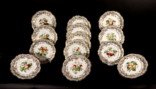 Inventory:  British Porcelain, Ridgway Porcelain Botanical Eighteen Piece Dessert Service with Fruit, Circa 1830, $12,500