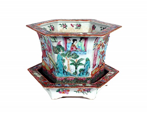 Inventory:  Chinese Export Porcelain, Chinese Export Porcelain Rose Canton Cache Pot & Stand, 1840-60, SOLD &bull;