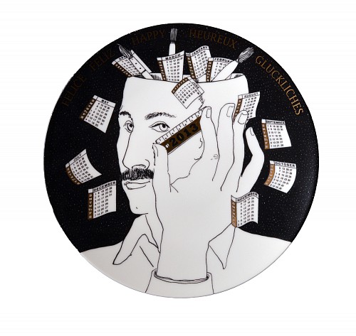 Inventory:  Piero Fornasetti, Piero Fornasetti Self Portrait Calendar Porcelain Plate for 2013 With Original Box, 2013, SOLD &bull;