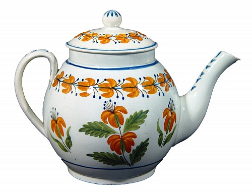 Pearlware Georgian English Prattware Pearlware Teapot decorated with Orange Flowers, Circa 1810-20 $950