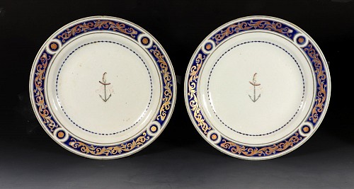Inventory:  Chinese Export Porcelain, Chinese Export Porcelain Armorial Crested Pair of Plates, Bird & Anchor, Possibly Gray Family, 1800, SOLD &bull;