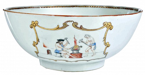 Inventory:  Chinese Export Porcelain, Myth and Antiquity: Chinese Export Porcelain Mythological Bowl- The Forge of Vulcan, Mars and Venus &  an Allegory of Peace and Abundance, 1765, SOLD &bull;