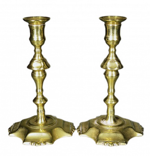Inventory:  Brass, English Brass Candlesticks with Petal Base- Pair, 1760-80, $1,250