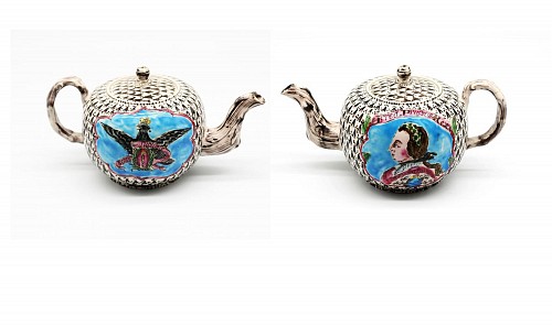 Inventory:  Salt Glazed Stoneware, Saltglaze Teapot with portrait of Frederick the Great of Prussia and the Prussian Eagle, 1757-60, $3,900