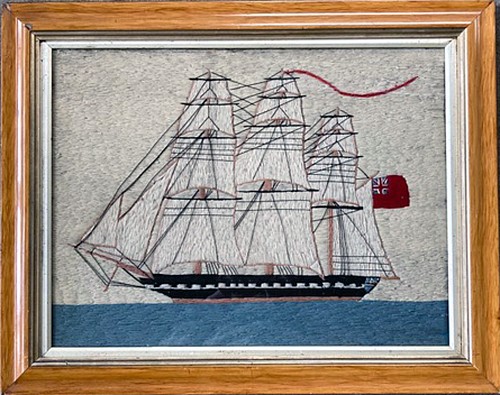 Inventory:  Sailor's Woolwork, British Sailor's Woolwork of Merchant Ship Under Full Sail, 1875, $7,500