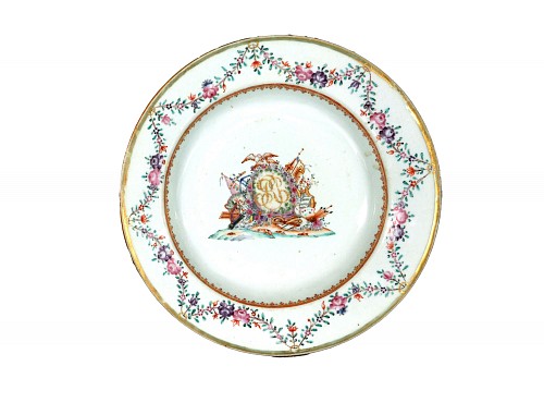 Inventory:  Chinese Export Porcelain, Chinese Export Porcelain Pseudo-armorial Crested Soup Plate, 1765, SOLD &bull;