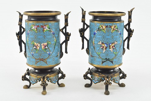 Inventory: French Aesthetic Movement Bronze Champleve Footed Urns, 1885, $3,500
