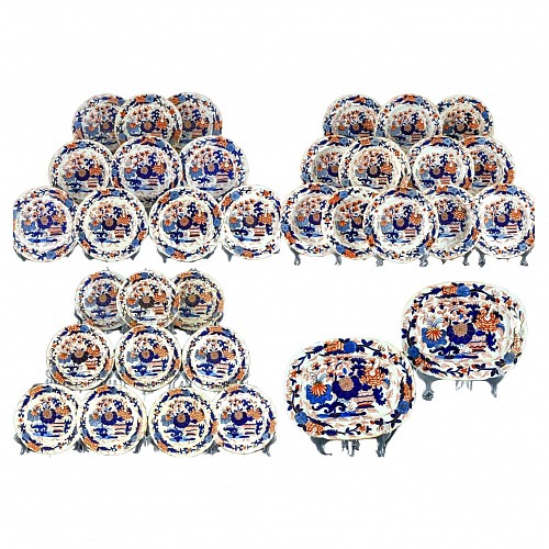 Inventory:  British Porcelain, English Coalport Porcelain Part Dinner Service of Thirty Four Pieces, Japan Basket Pattern, 1820, $5,500
