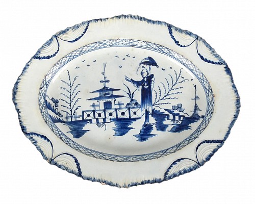 Inventory:  Pearlware, English Pearlware Pottery Shell Edged Oval Dish with Chinoiserie Decoration, 1790, $1,250