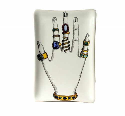 Inventory:  Piero Fornasetti, Surrealist Sophistication: Fornasetti ""Jeweled Hand"" Trinket Tray, 20th Century, $650