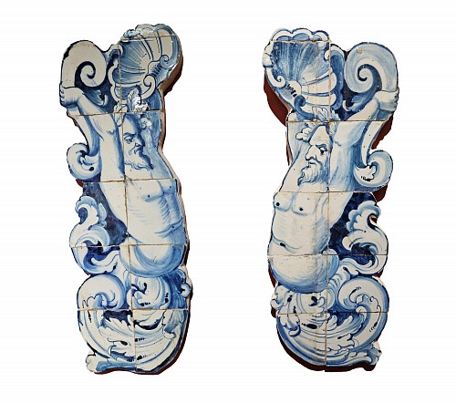 Portuguese Faience Pair of 18th-Century Portuguese Azulejo Tile Mermen, 1770 $5,500