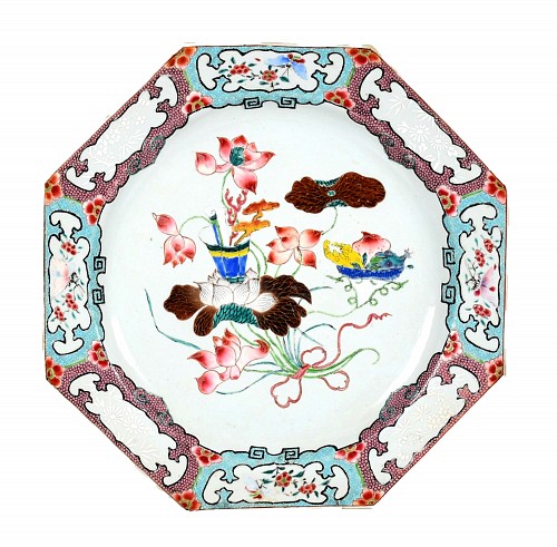 Inventory:  Chinese Export Porcelain, Chinese Export Porcelain Famille Rose Octagonal Botanical Dish, 1740, $3,000