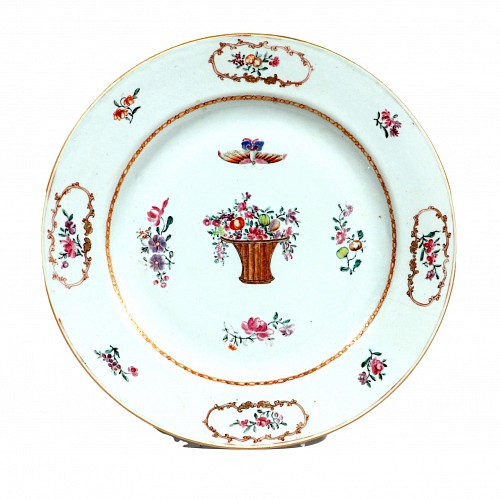 Inventory:  Chinese Export Porcelain, Chinese Export Famille Rose Porcelain Dish with Flower Basket & Butterfly, 1775-85, $1,250