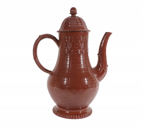Inventory:  British Pottery, Staffordshire Redware Engine-turned Large Coffee Pot, Signed Myatt, 1790, $1,850