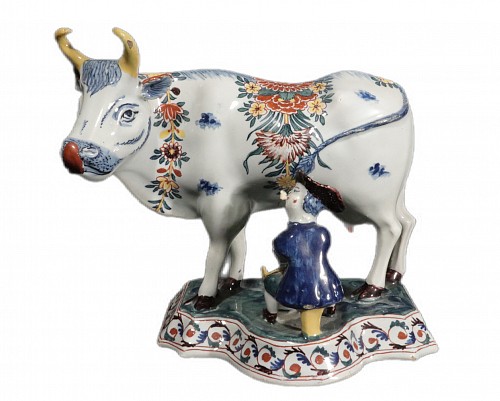 Inventory:  Dutch Delft, Dutch Delft Polychrome Model of a Cow Milking Group, Marked De Twee Scheepjes Pottery, 1765-70, $3,000