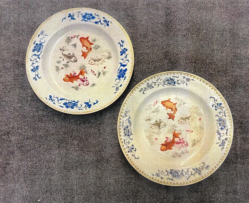 Inventory:  Chinese Export Porcelain, Chinese Export Porcelain Circular Famille Rose & Blue Enamel Dishes With Goldfish, 1730, $12,500