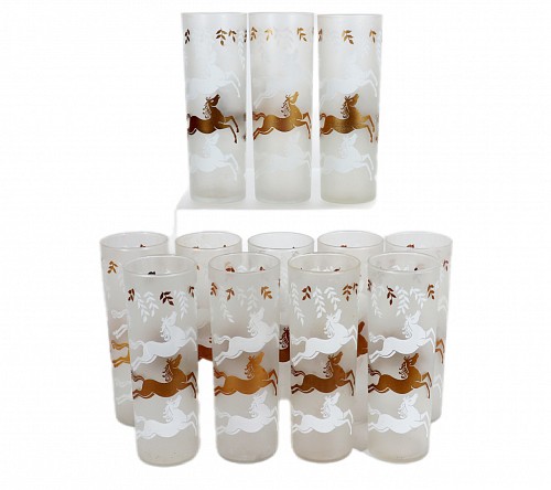 Inventory:  Mid-century Modern, Libbey Cavalcade Galloping Horse Tom Collins Cocktail Glasses- Mid-Century Modern Glasses- Set of Twelve, 1950s-60s, $750