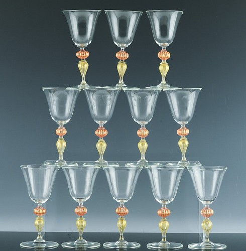 Murano Glass Elegant Italian Murano Art Glass Wine Glasses-Set of Twelve, 1960s SOLD &bull;
