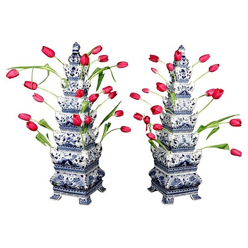 Chinese Export Porcelain Monumental Flora: Pair of Vintage Blue & White Tulip Vase Pyramids SOLD &bull;