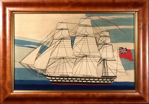Sailor's Woolwork British Maritime Folk Art: A Royal Navy Second-Rate Under Full Sail, 1860-65 $8,000