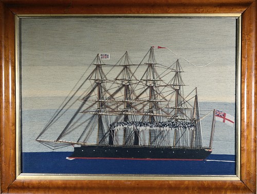 Inventory:  Sailor's Woolwork, Sailor's Woolwork of Royal Navy Five-masted Ship under Steam, Minotaur Class Broadside Ironclad, 1870-80, $4,250