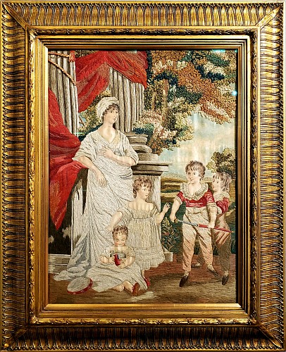 Inventory:  Woolwork, English Silk and Wool Large Portrait of Mother & Her Children, After John Hoppner R.A., Early 19th Century, $9,500
