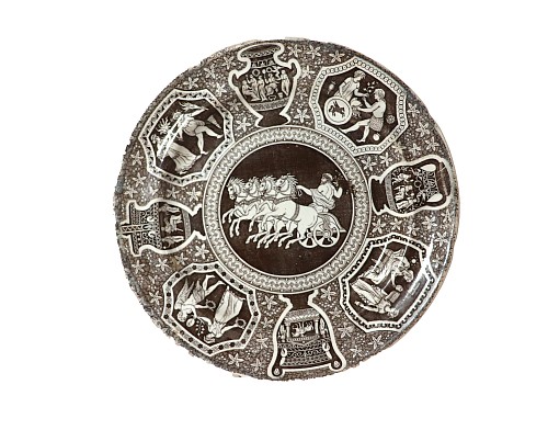 Inventory:  Spode Factory, Herculaneum Neo-classical Greek Pattern Rare Brown Black Plate, Zeus in His Chariot, 1810, $300