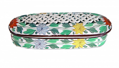Inventory:  Pearlware, Antique English Bristol Pearlware Covered Toothbrush Holder Box decorated with Flowers, Circa 1820, $650